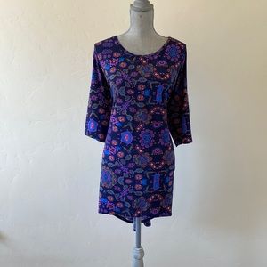 LuLaRoe Irma Purple Blue and Orange paisley like pattern